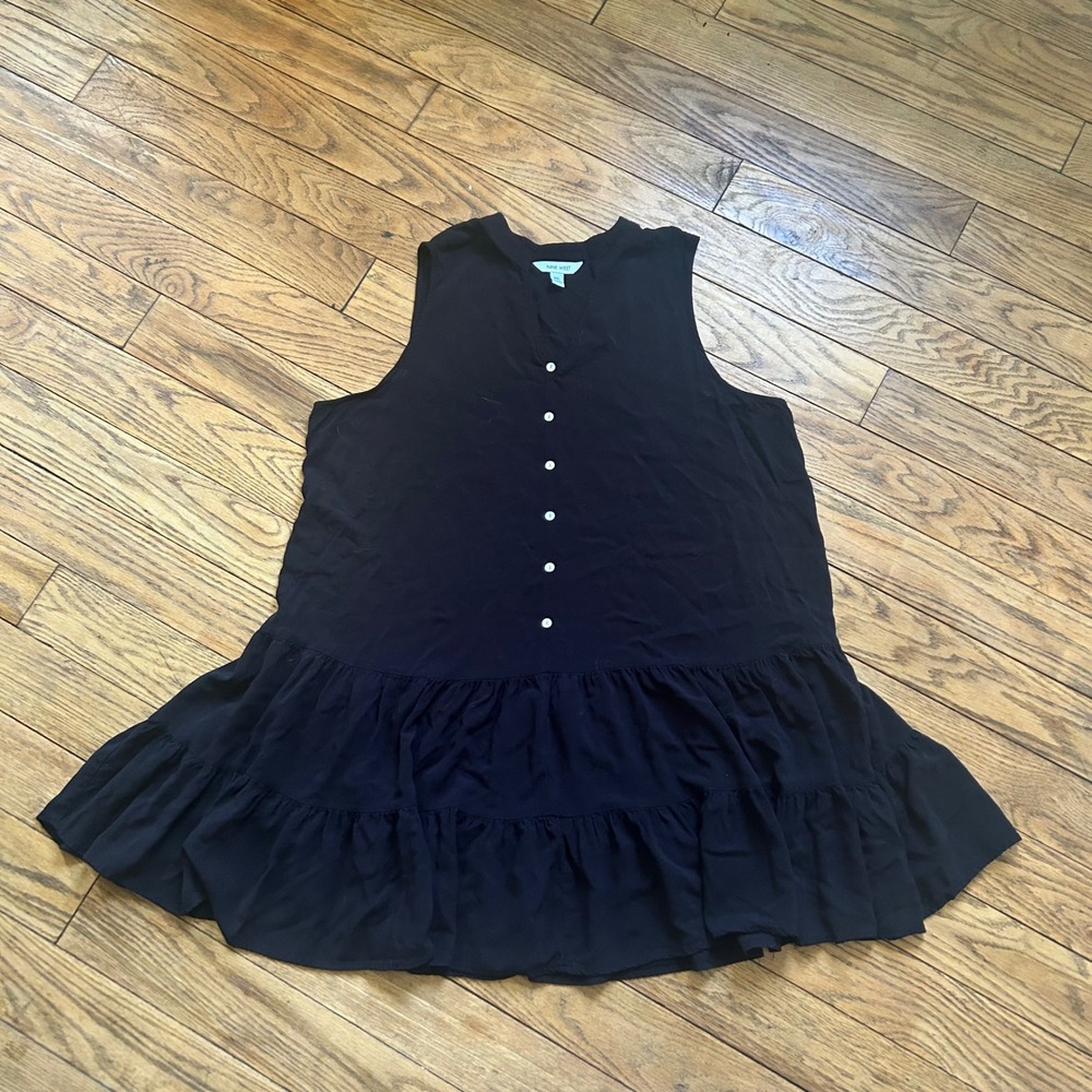 Nine West Womens XXL Black Sleeveless Tiered Ruffle Babydoll Top Button V-Neck